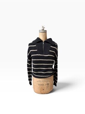 Evereve Striped Half-Zip Collared Sweater Black & Cream Size XS Cotton Coastal